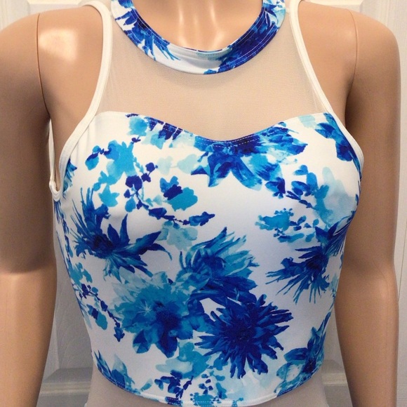 Kandi Kouture Blue Floral Sleeveless Sheer Panel Halter Dance Leotard Size TM - Picture 2 of 10